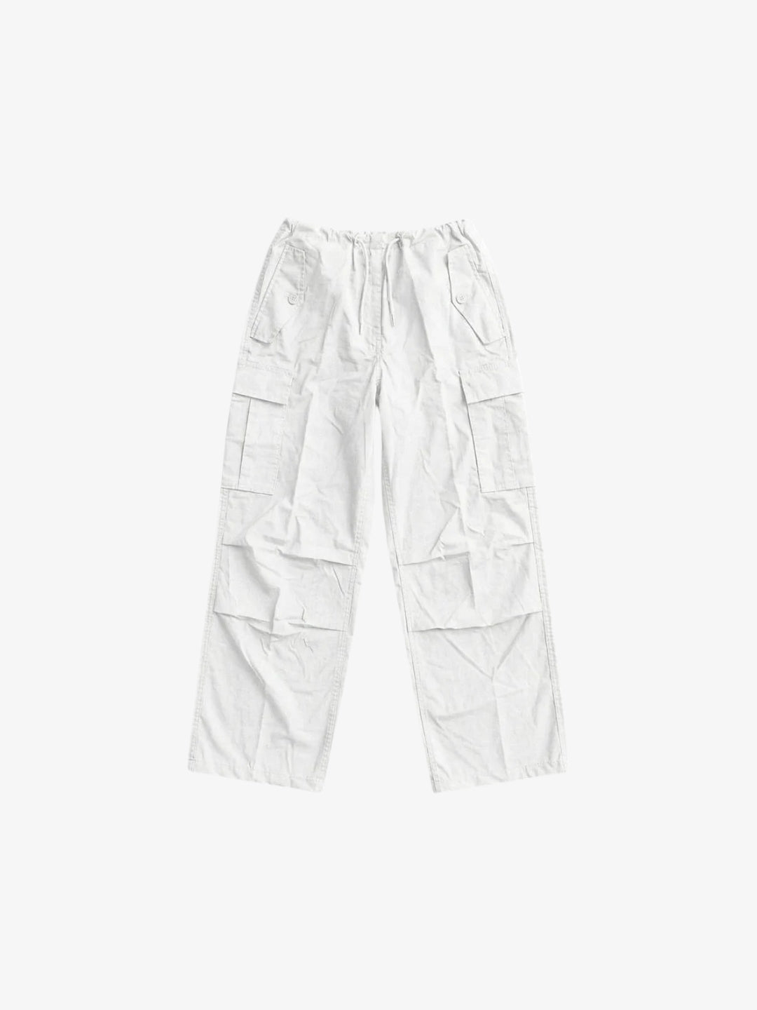 White parachute pants front view with elastic waist