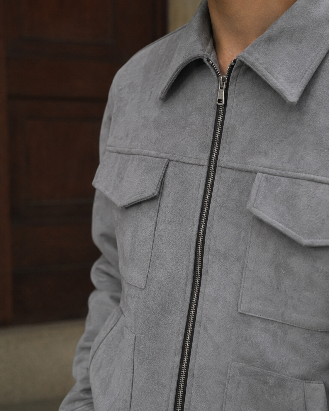 Veste workwear grise détail zip et poches poitrine