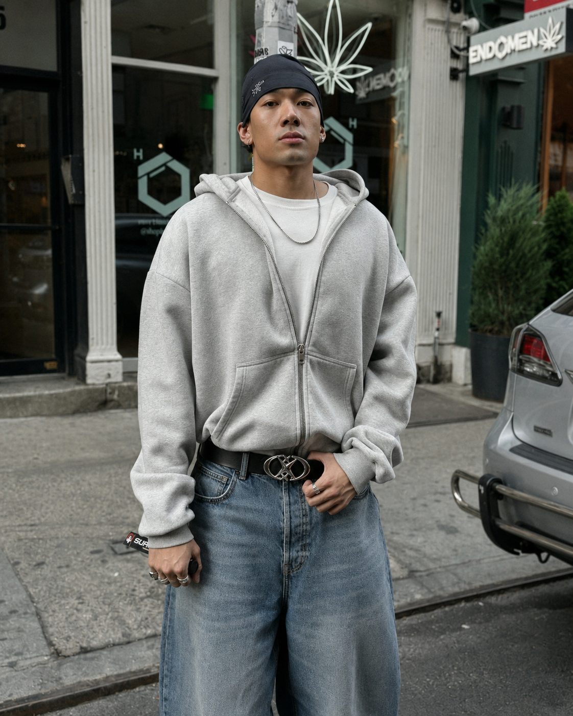 Black Y2K belt worn streetwear front view