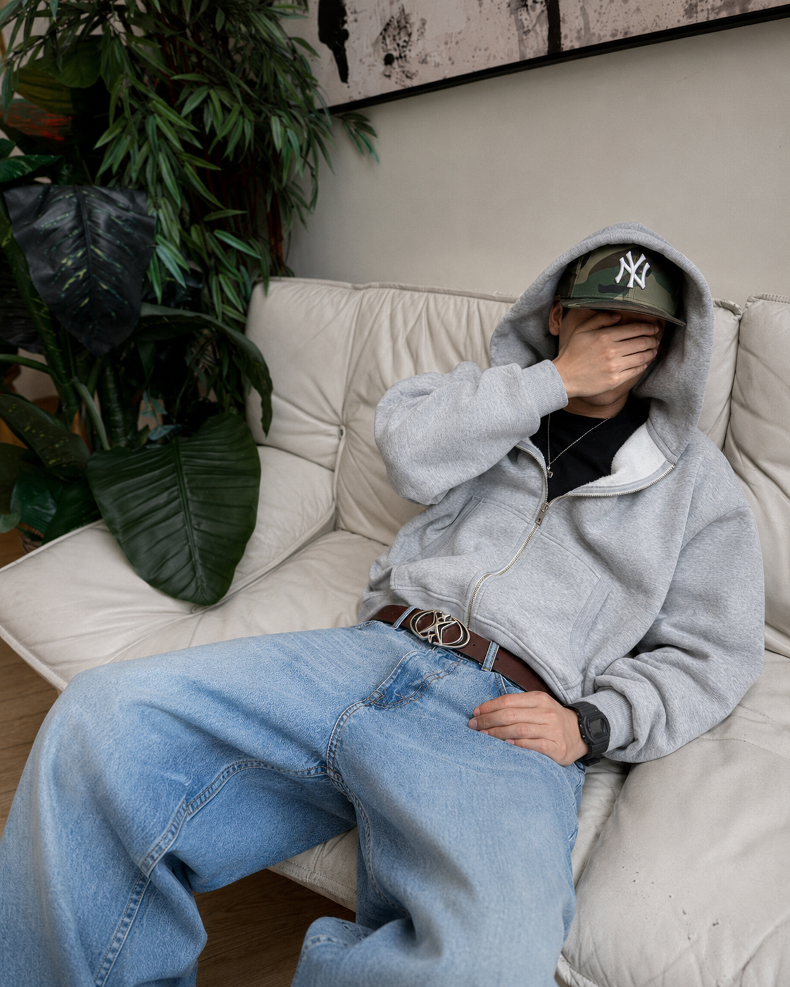 Brown Y2K belt worn streetwear seated