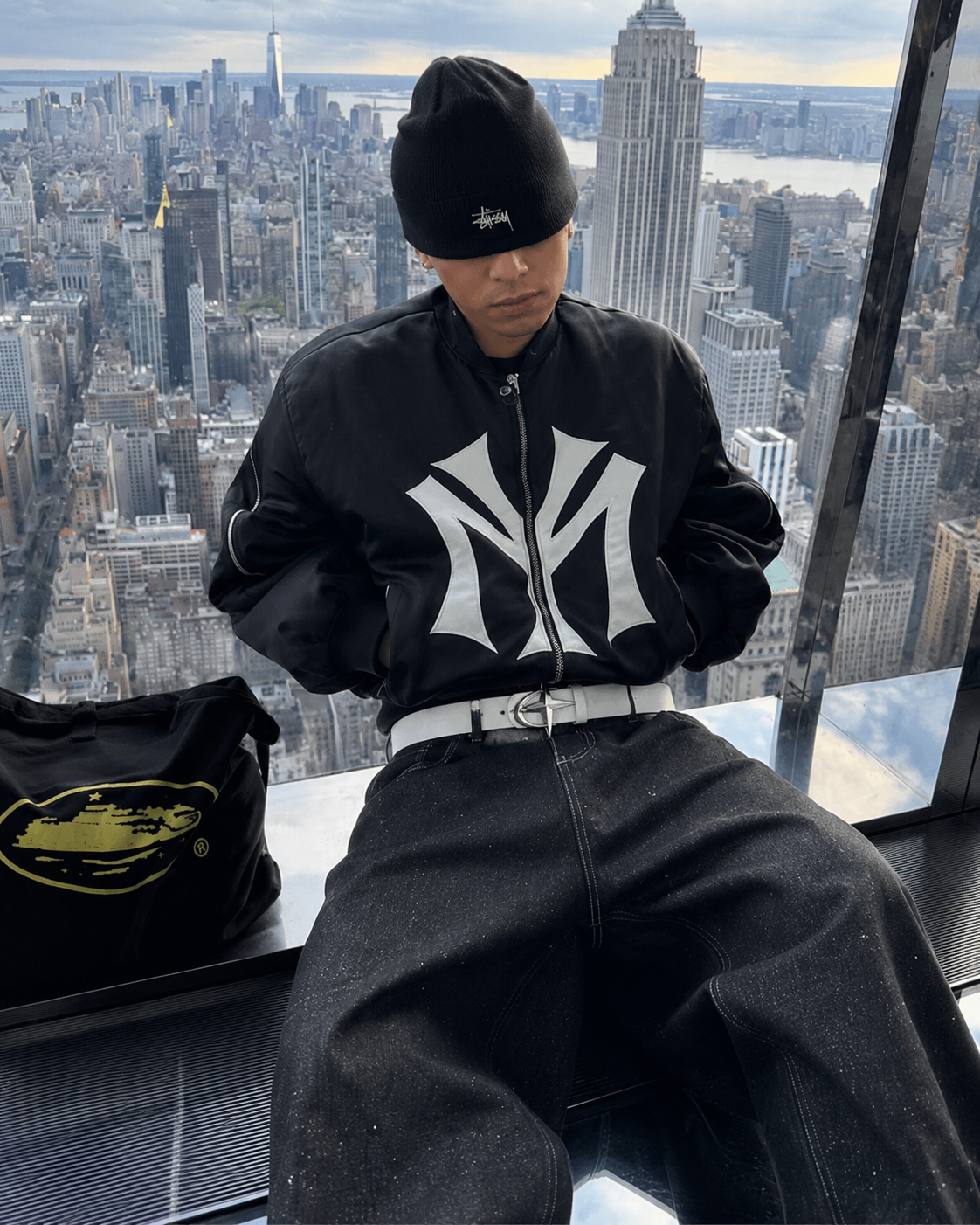 White Y2K star belt streetwear skyline