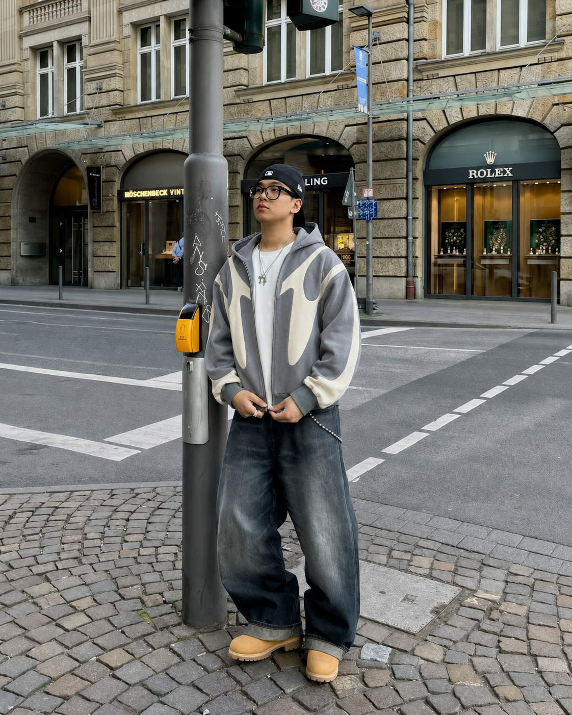 Grey Y2K zip up hoodie with contrast panels worn from the front