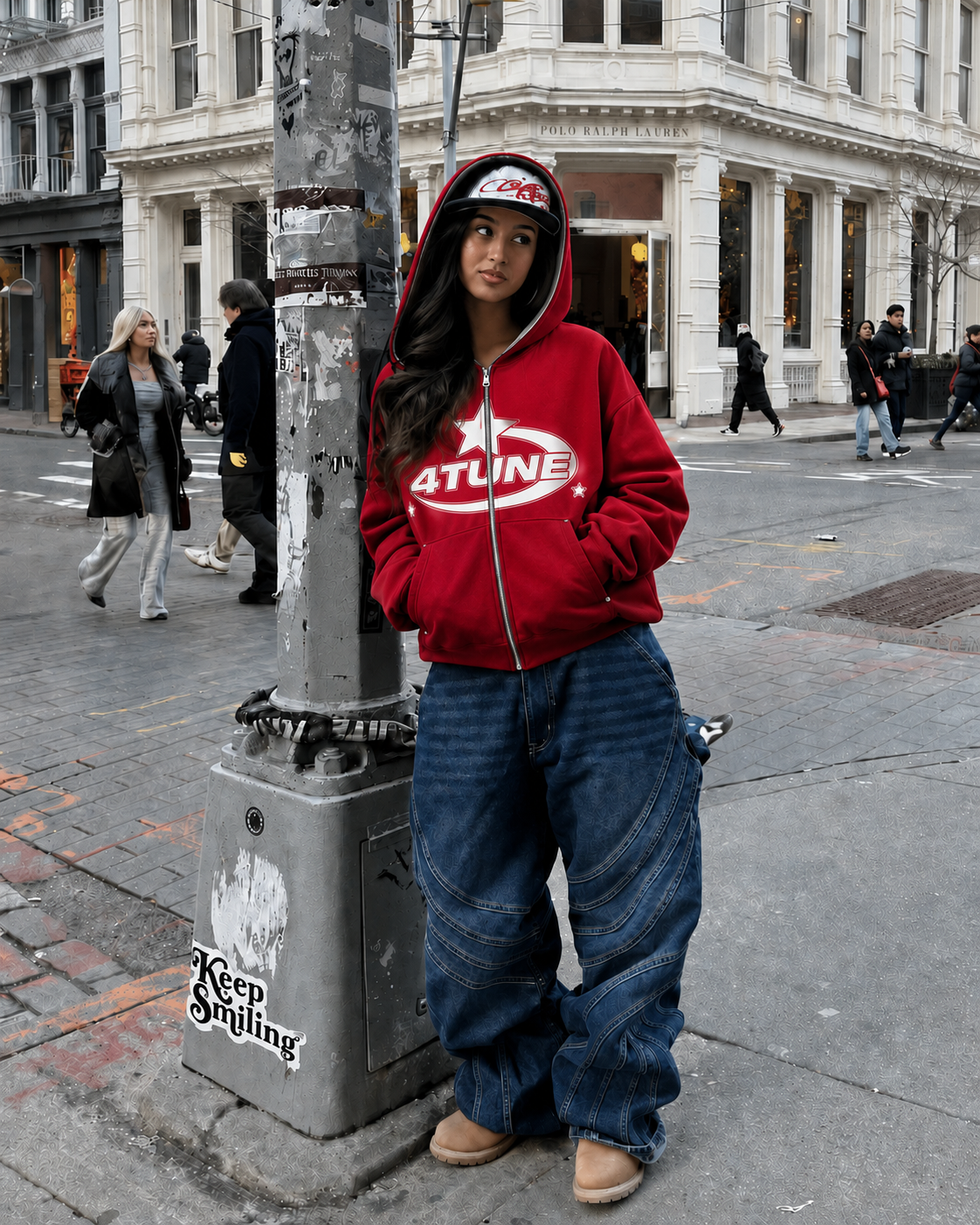 Full Zip 4Tune rouge porté streetwear Y2K vue avant