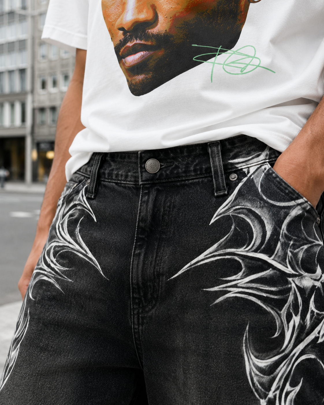 Waistband and tribal print detail on Y2K Tribal jorts