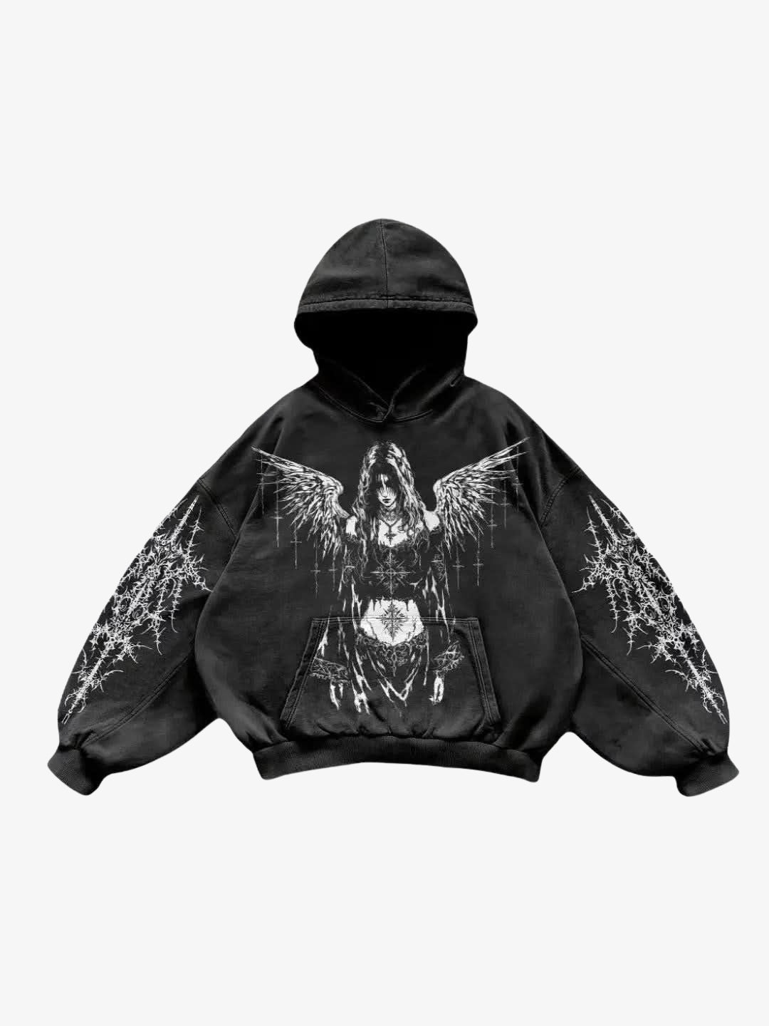 Black Y2K grunge angel hoodie front view
