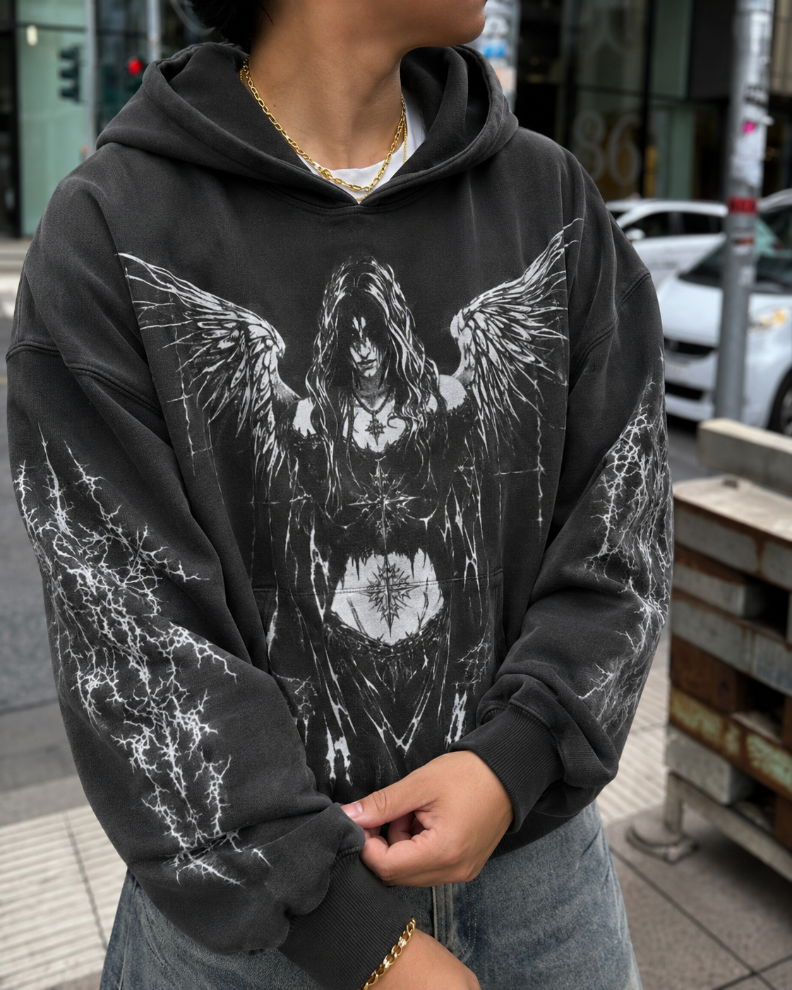 Black angel hoodie graphic sleeve detail