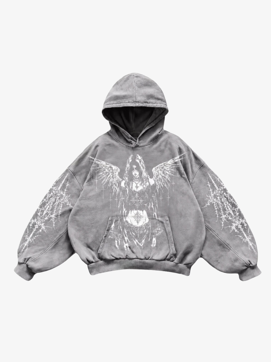 Grey Y2K grunge angel hoodie front view