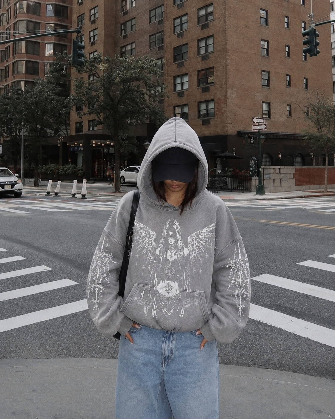Grey angel hoodie Y2K front worn view