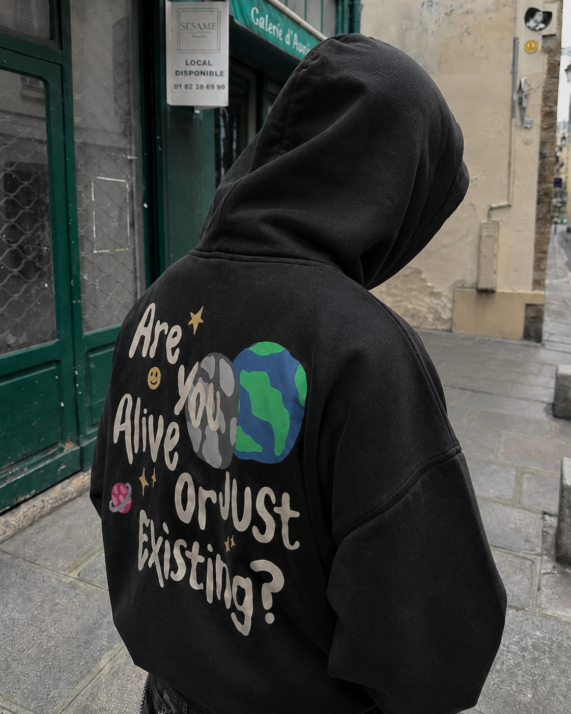 Black Are You Alive hoodie hood and planets detail
