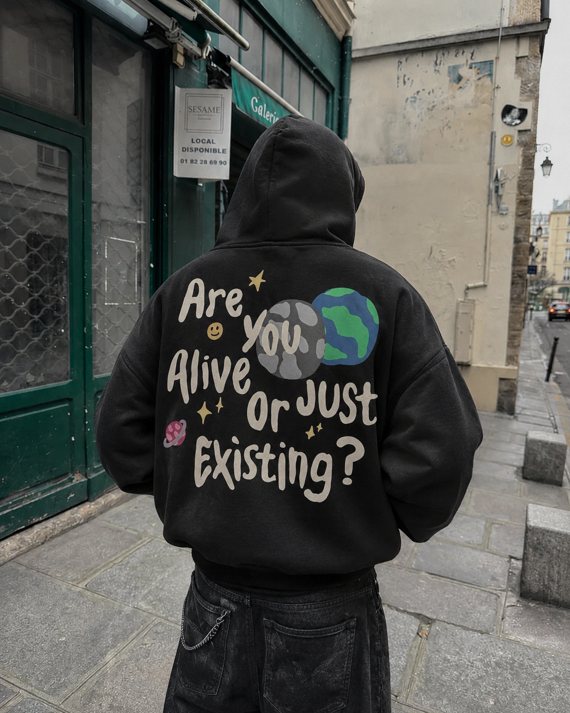 Black Are You Alive hoodie worn streetwear back