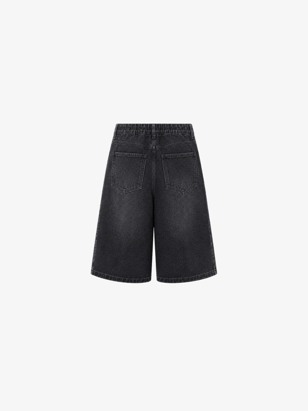 Washed black bamboo jorts back view on white background