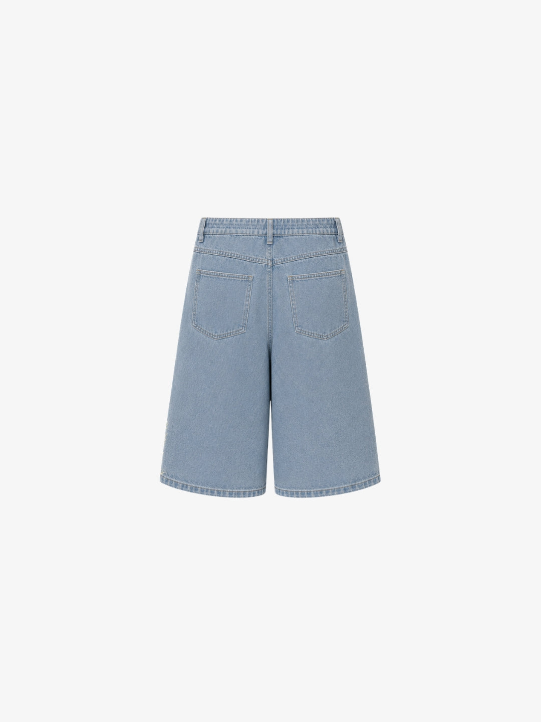 Light blue bamboo jorts back view on white background, back pockets visible