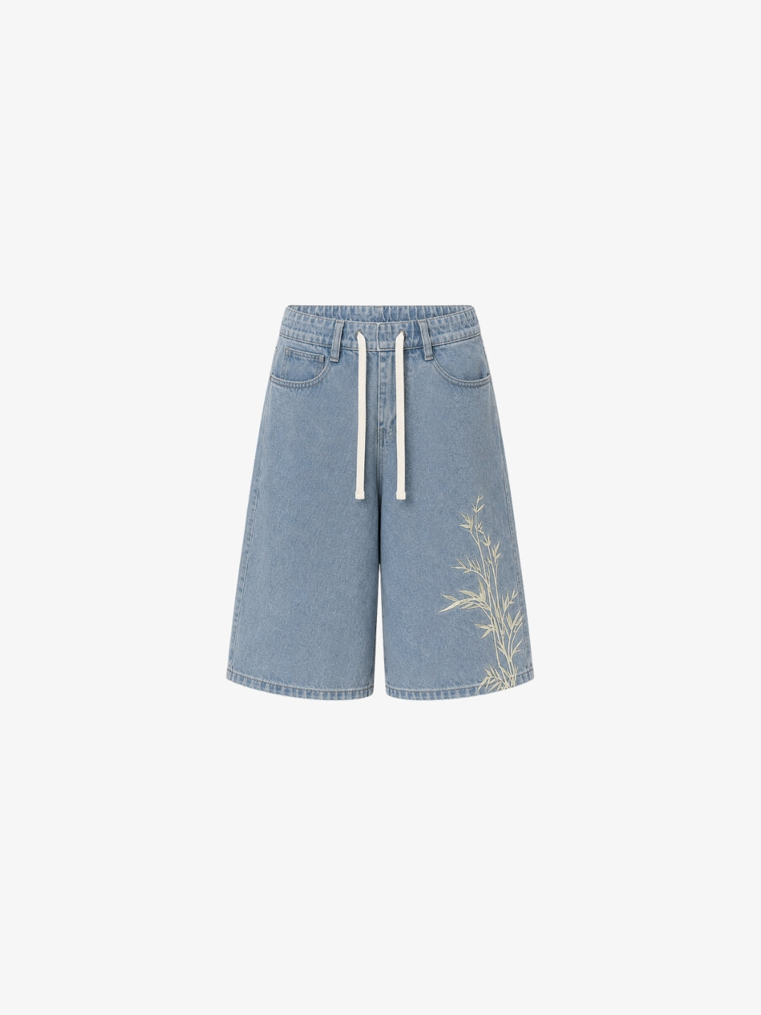 Light blue bamboo jorts front view on white background, embroidery visible
