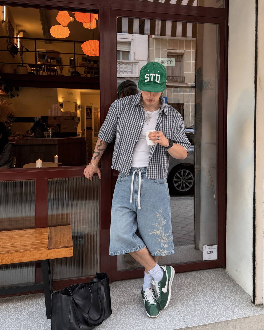 Light blue bamboo jorts worn front view, full male silhouette