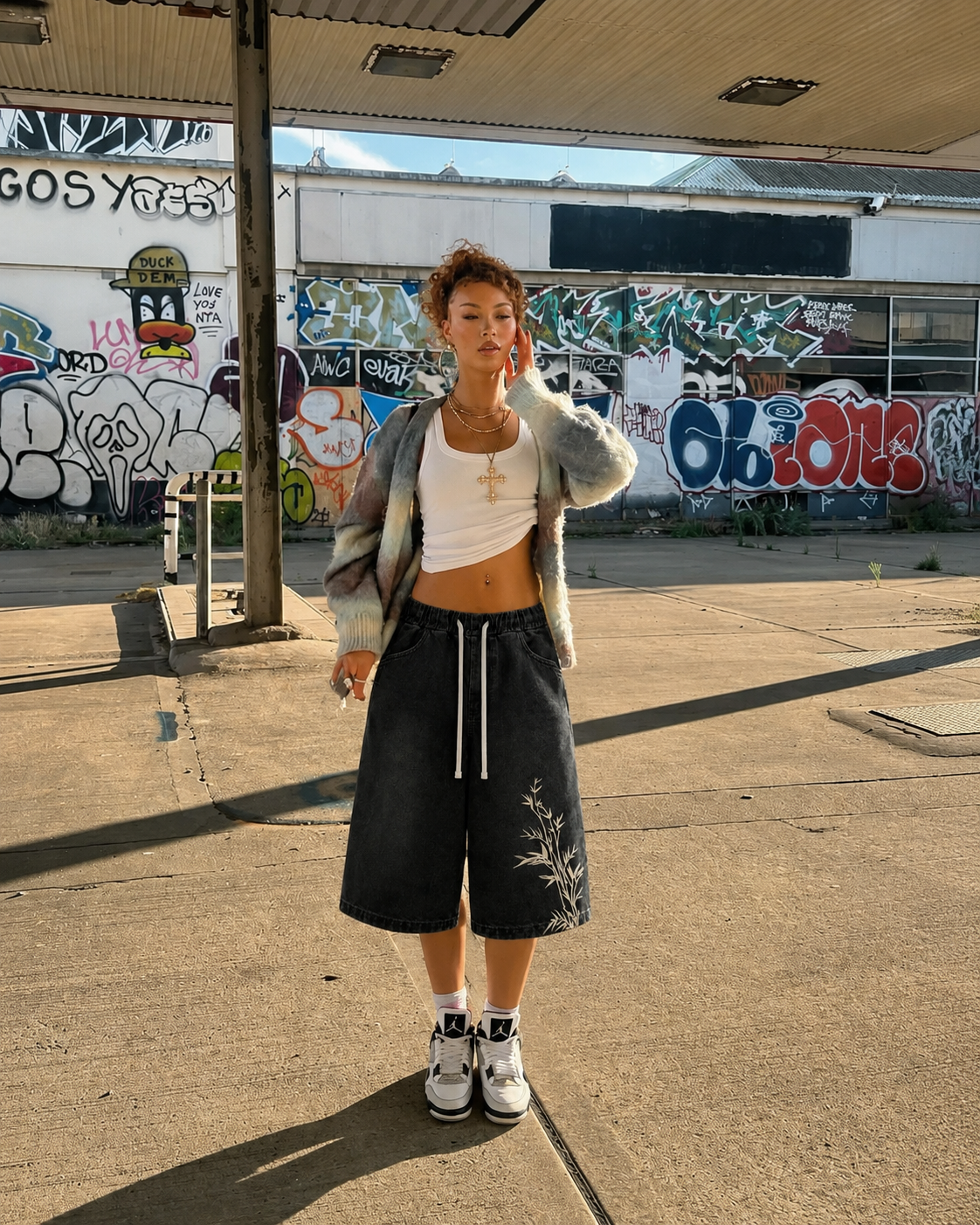 Black bamboo jorts worn, full female silhouette