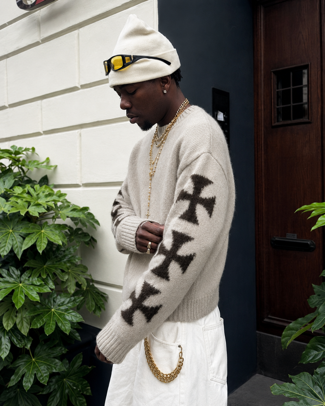 Beige sweater black cross sleeves side detail Y2K knit