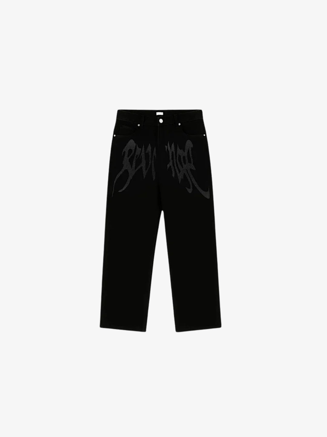 Black aesthetic Y2K jeans front view with gothic graphic
