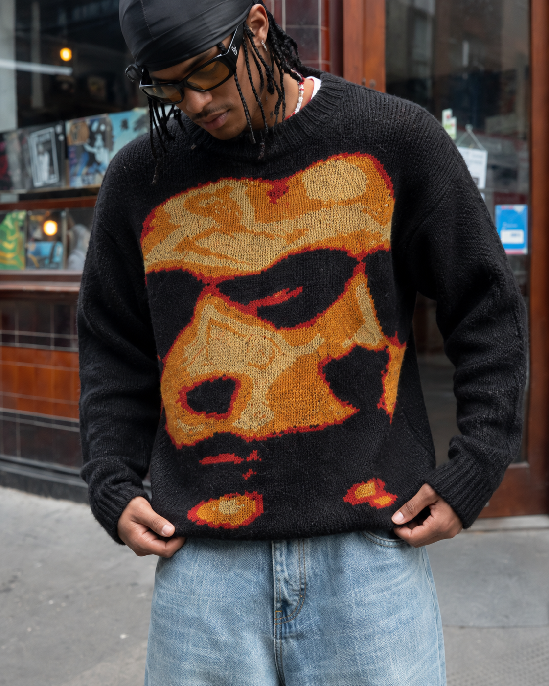 Black graphic sweater detail with orange motif