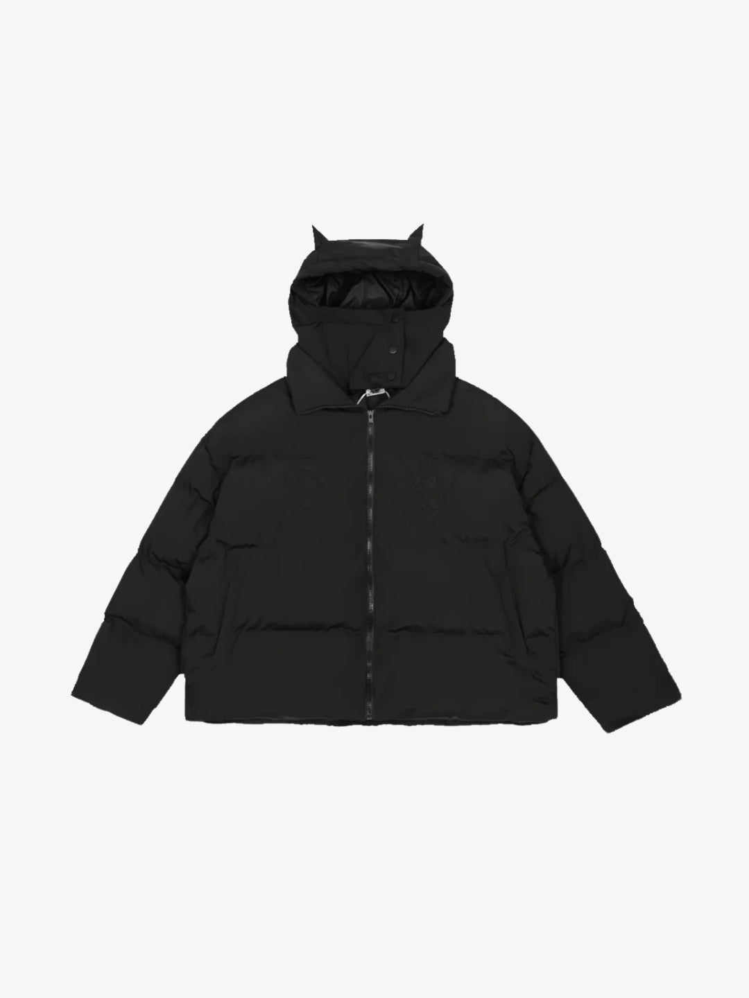 Black horn puffer jacket oversized hood Y2K front view