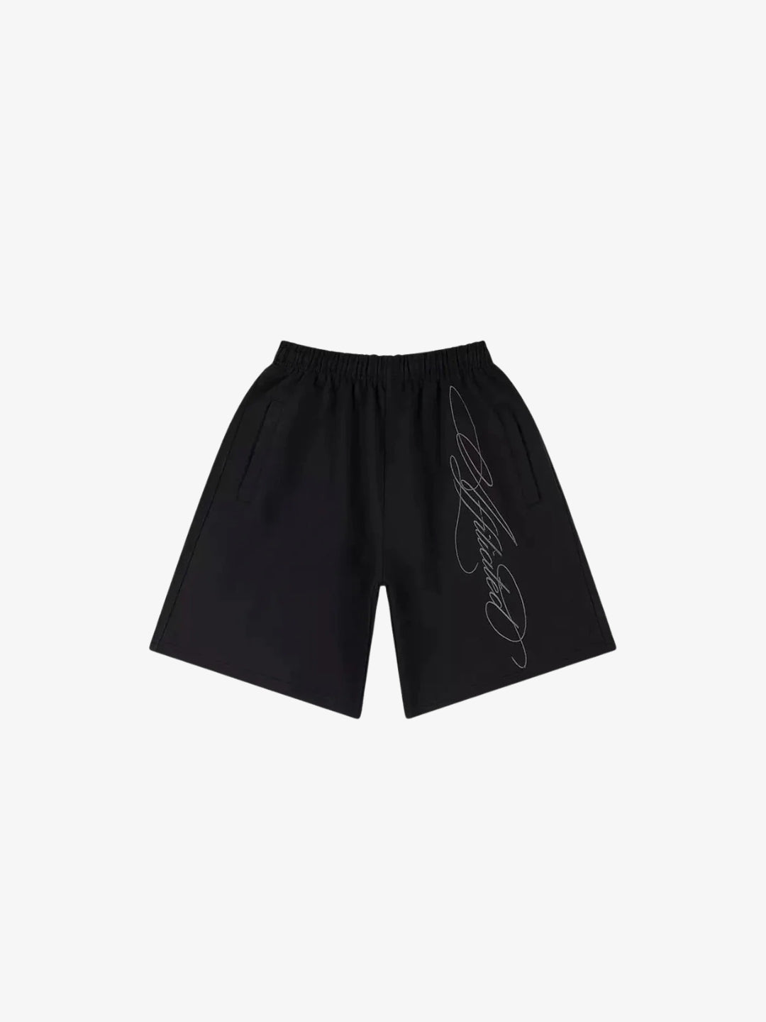Short baggy noir avec signature grise sur la jambe, vue avant sur fond blanc
