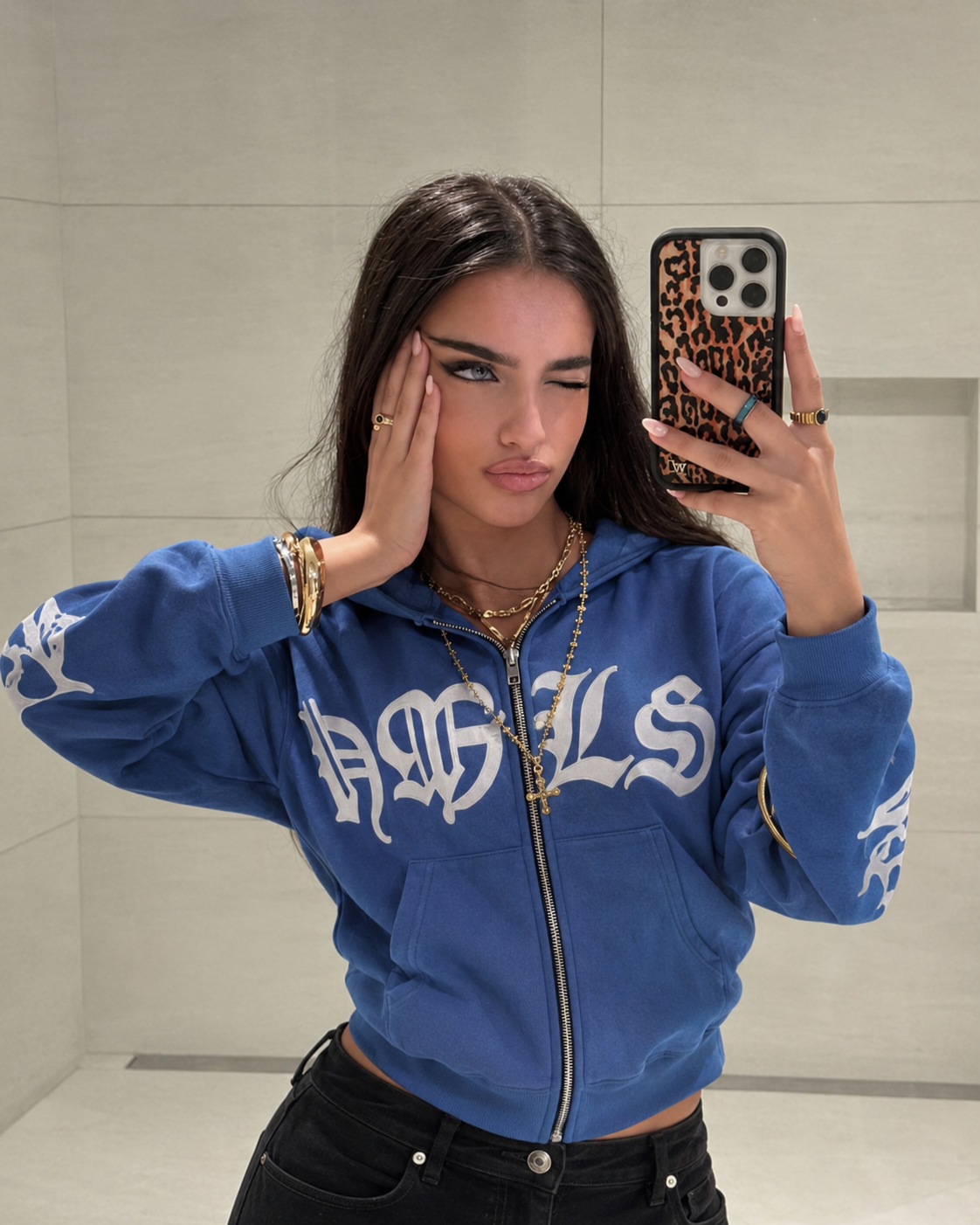Blue zip up hoodie worn mirror outfit Y2K