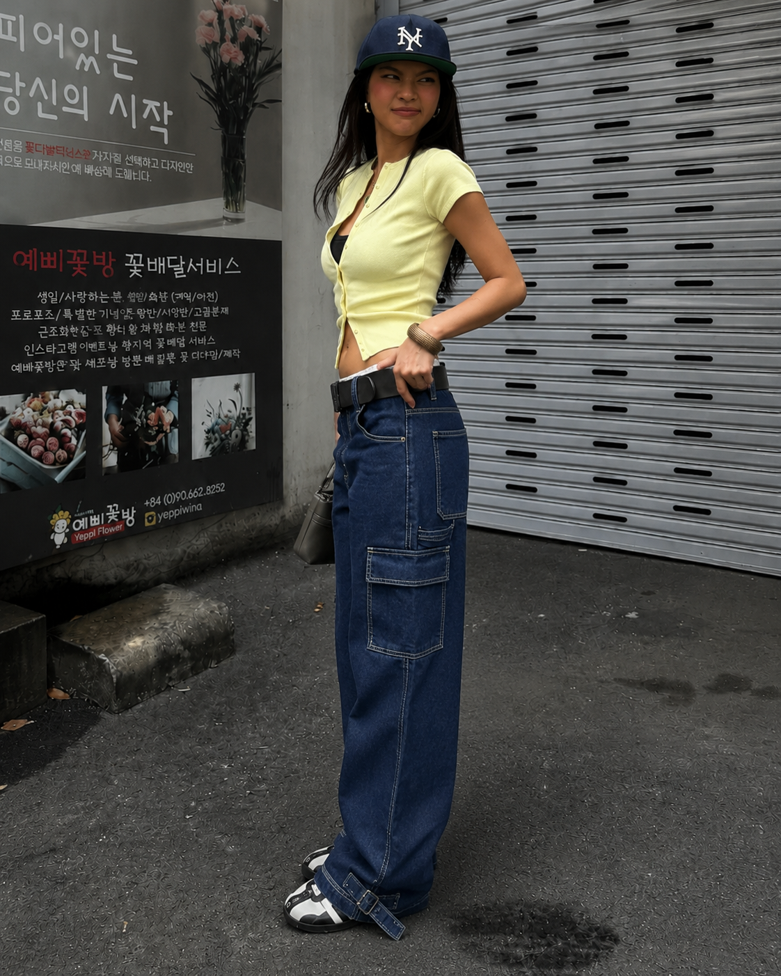 Dark blue strap cargo pants waist detail worn