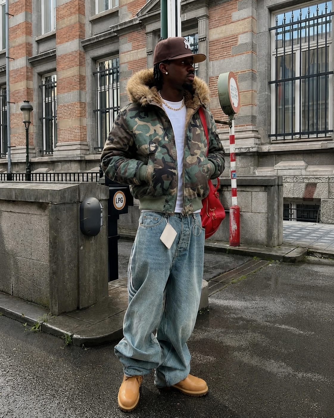 Camouflage jacket worn with wide jeans outfit