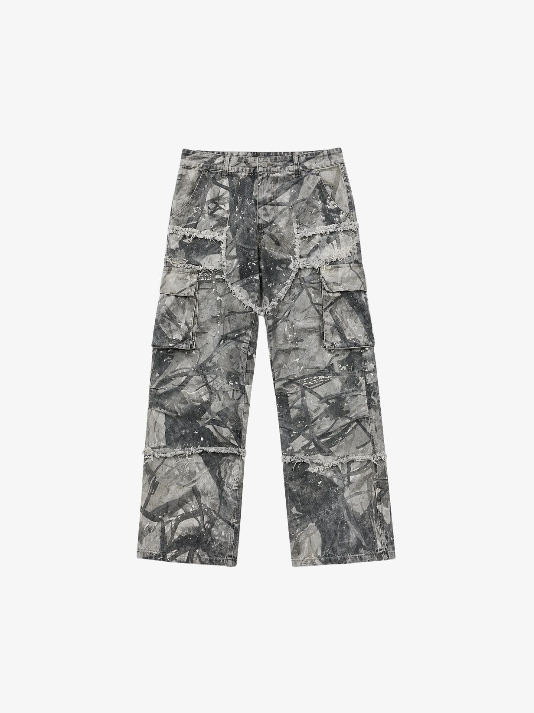 Grey camo Y2K cargo pants front view patch pockets