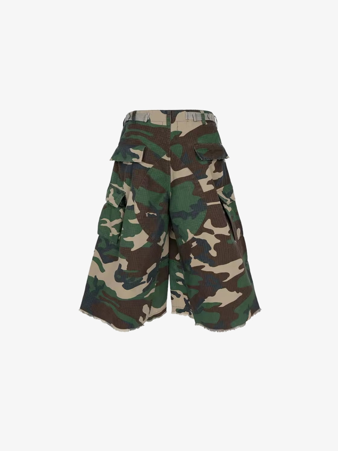 Camo Jorts back view with very flared silhouette and raw frayed hem