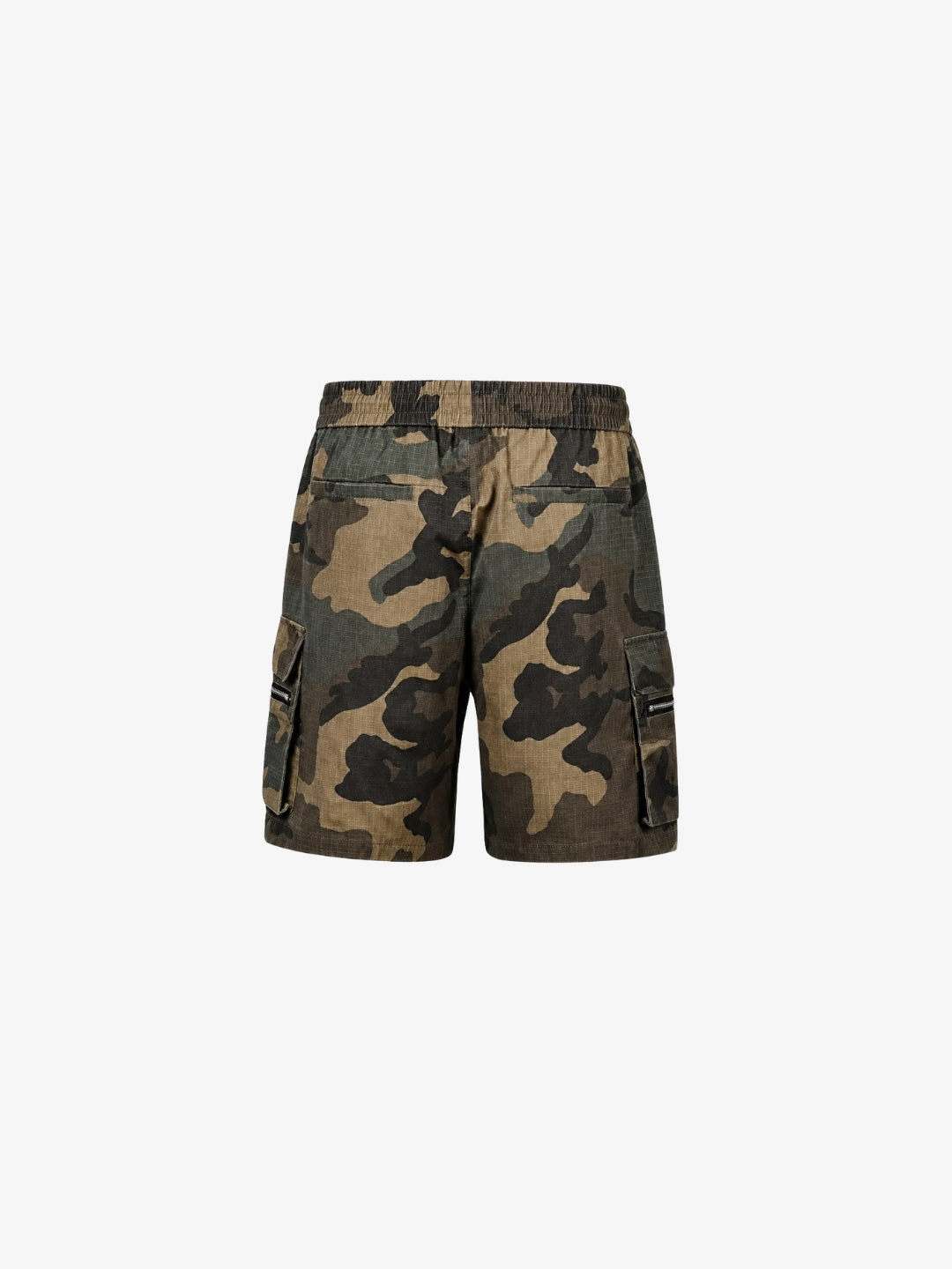 Camo Shorts back view with elastic waistband and bilateral cargo pockets