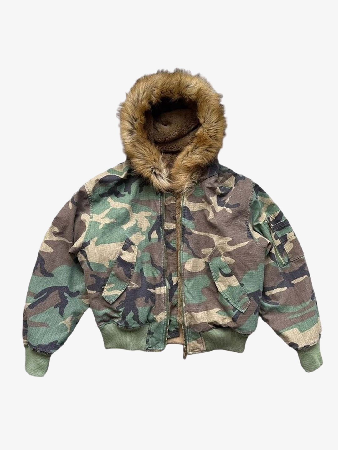 Camouflage jacket faux fur hood Y2K streetwear front view