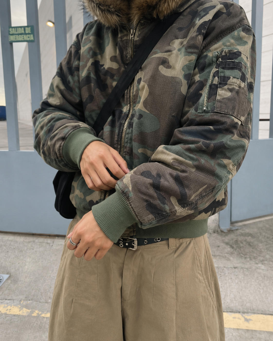 Camouflage jacket sleeve zip detail ribbed cuff