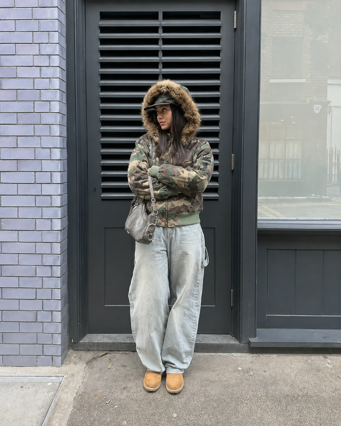 Camouflage jacket hood worn winter outfit