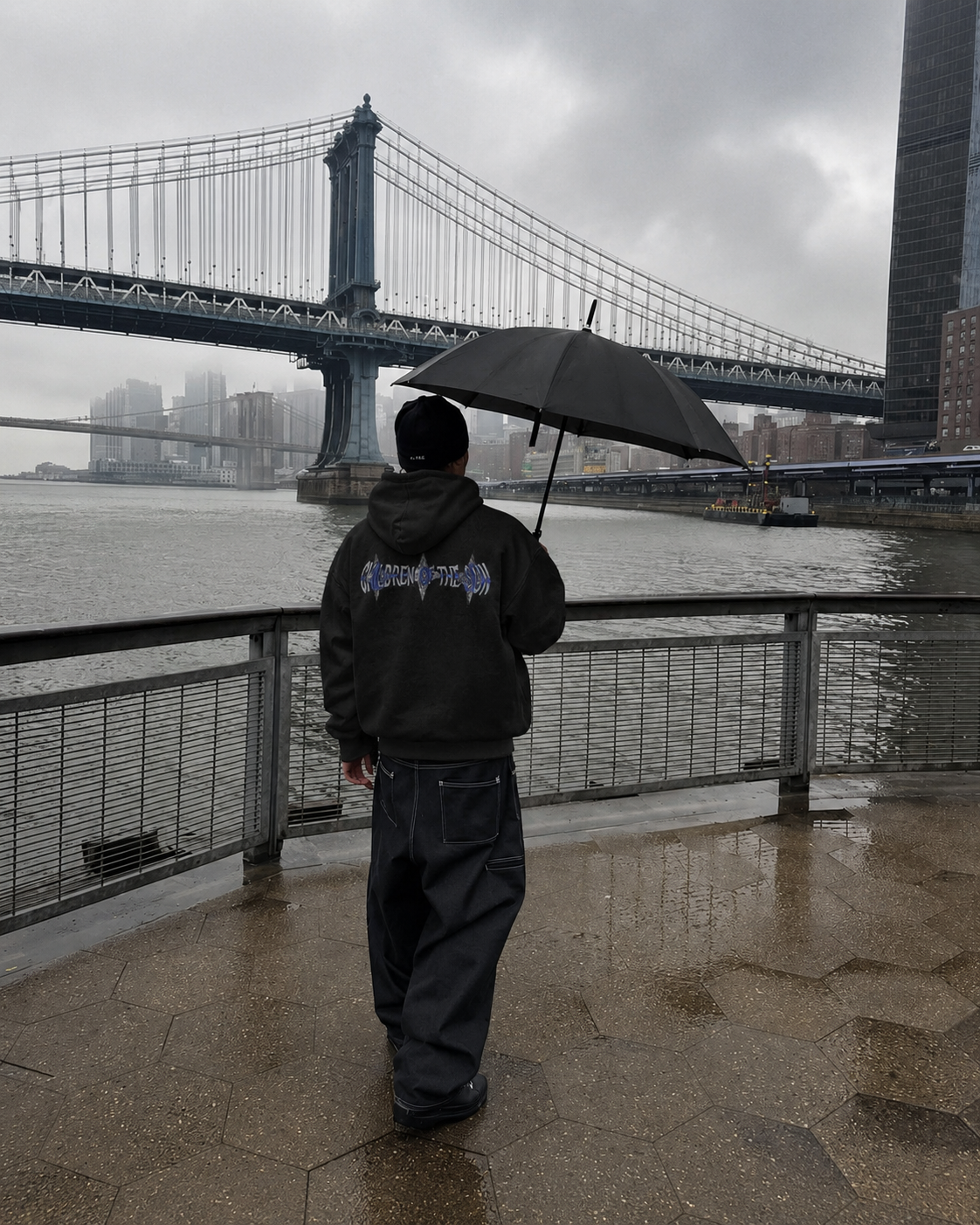 Black Children Of The Sun hoodie worn back streetwear in rain