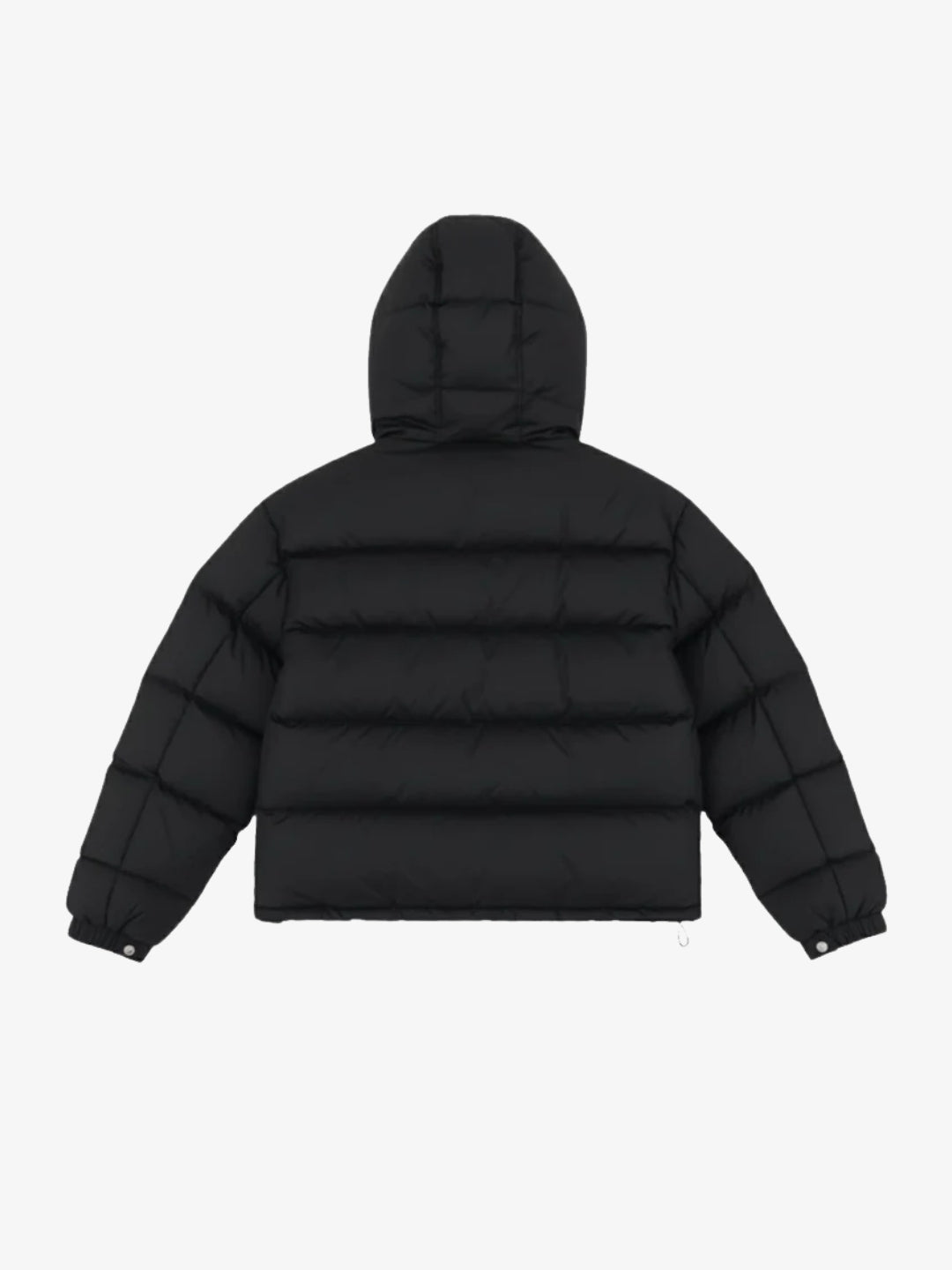 Black cropped puffer jacket back view padded hood