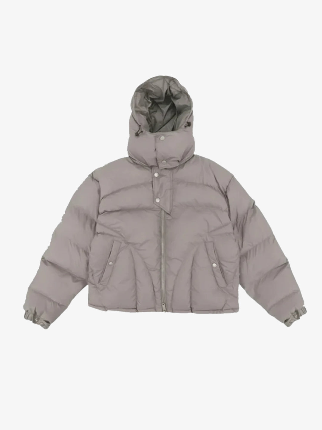 Grey cropped puffer jacket oversized hood Y2K front view