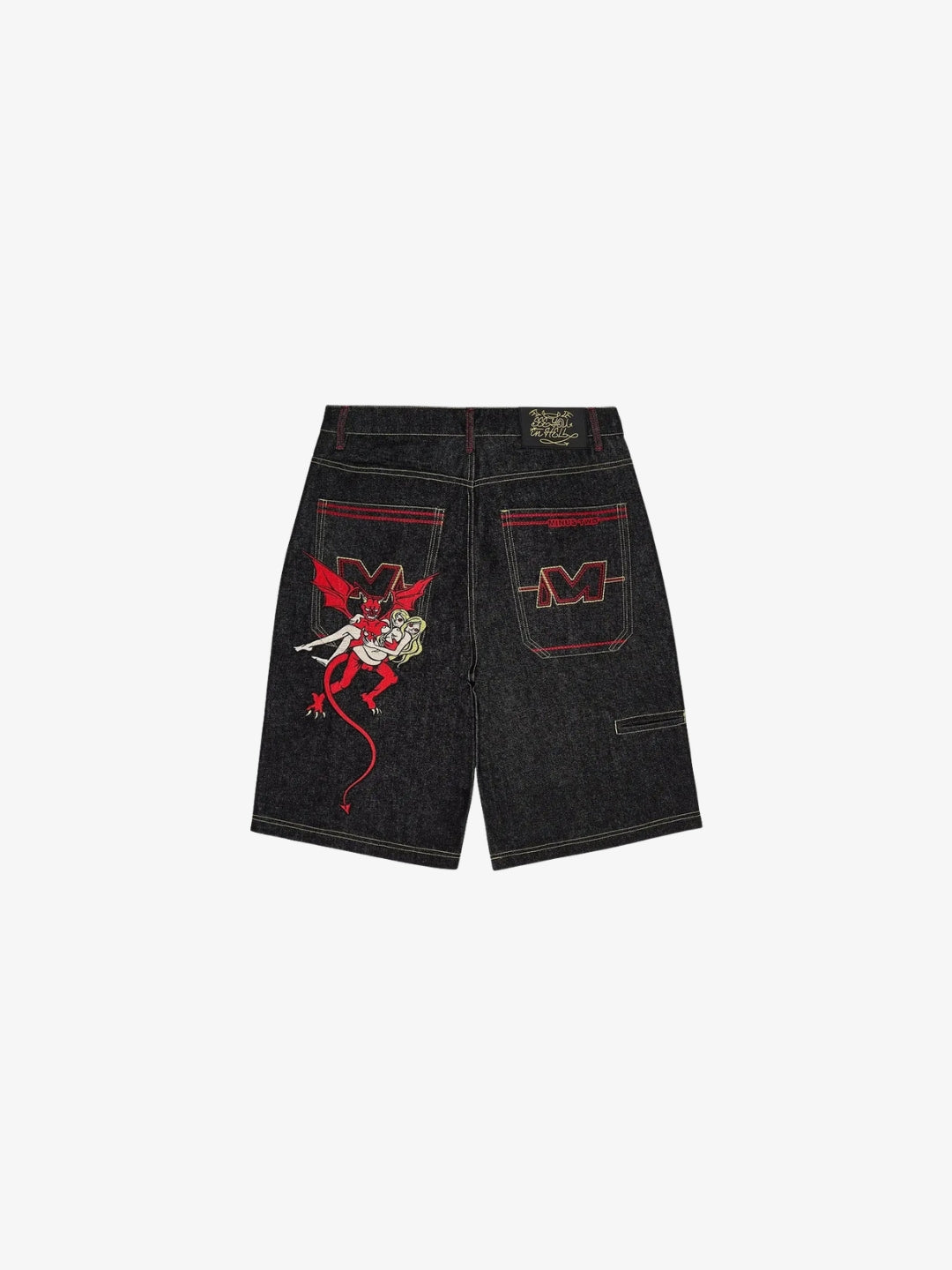 Jorts démon vue de dos sur fond blanc, illustration démon rouge et broderie M visibles