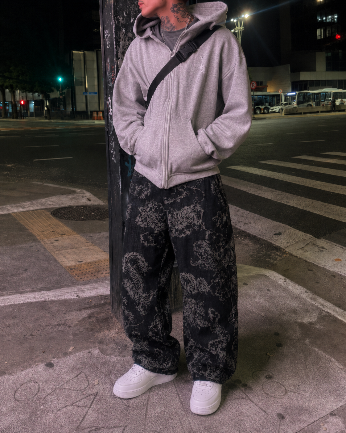 Black dragon pants baggy fit detail