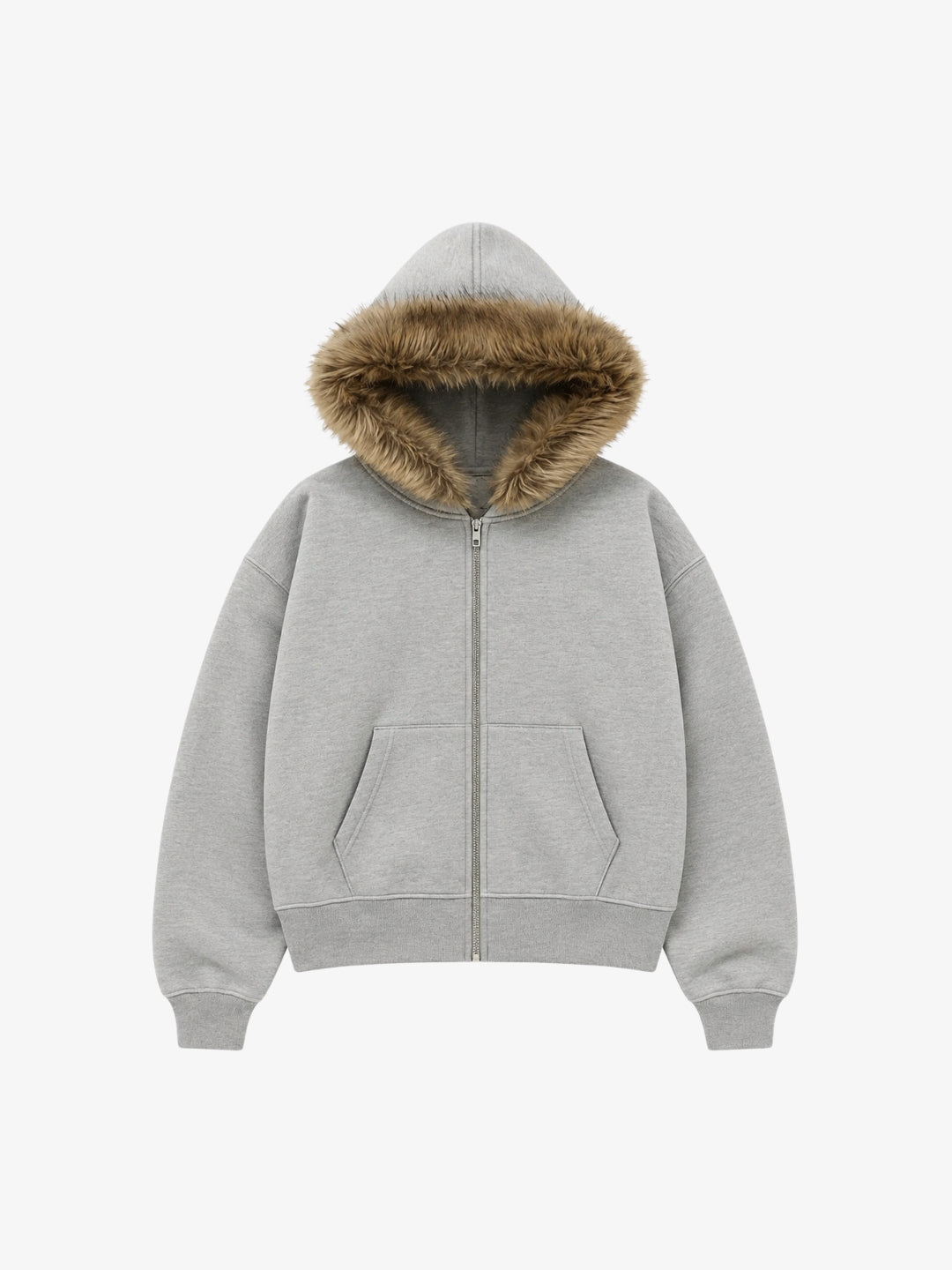 Grey faux fur zip up hoodie Y2K front view