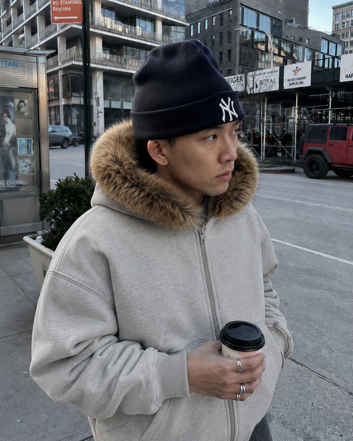 Grey faux fur zip up hoodie Y2K hood detail worn