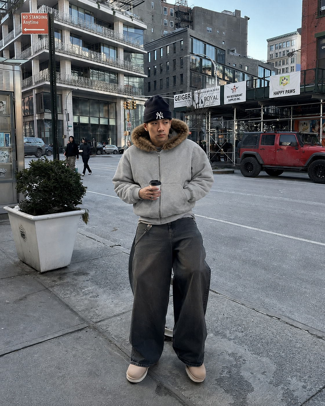 Grey faux fur zip up hoodie worn Y2K streetwear
