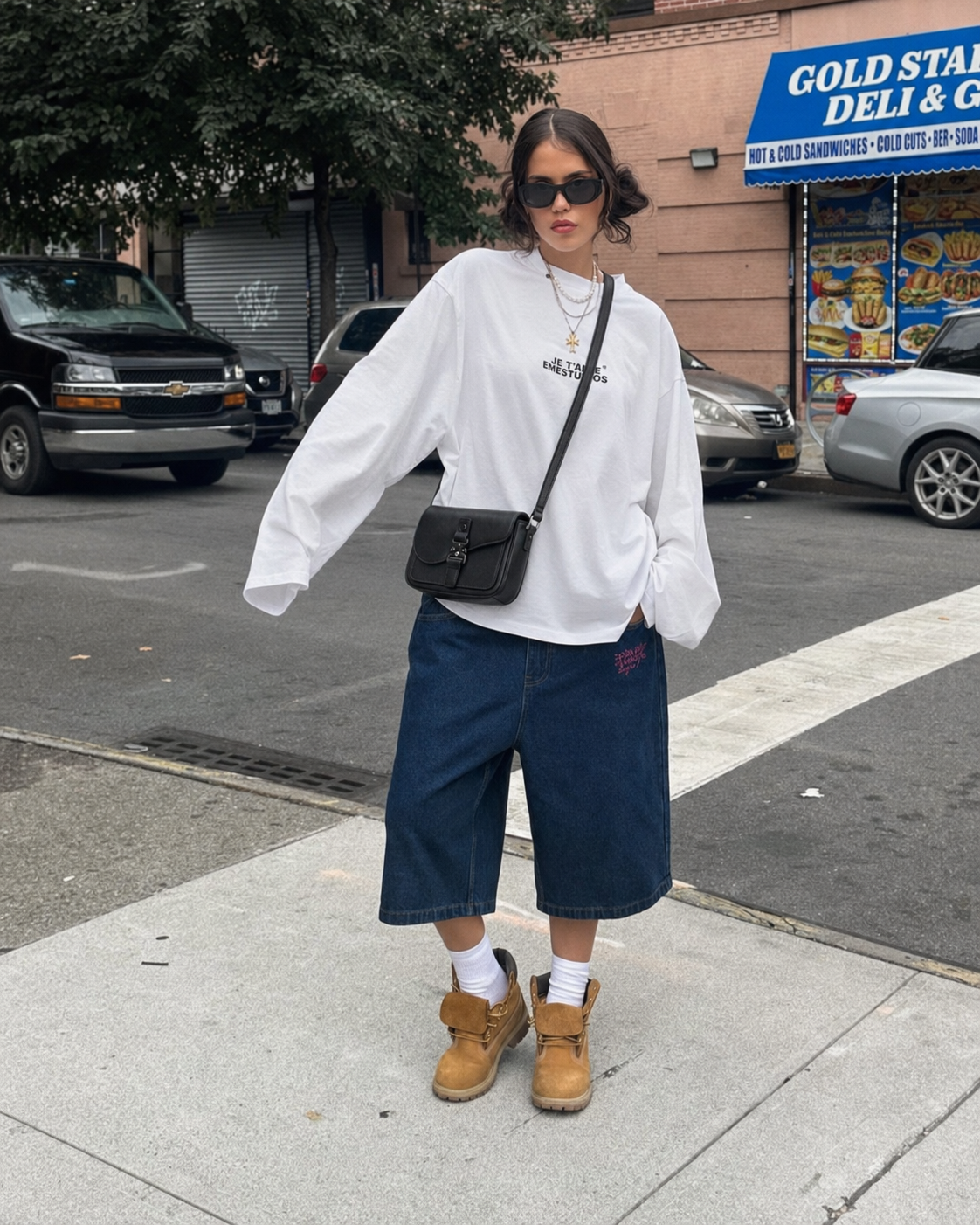 Sacoche cuir noire portée femme style Y2K