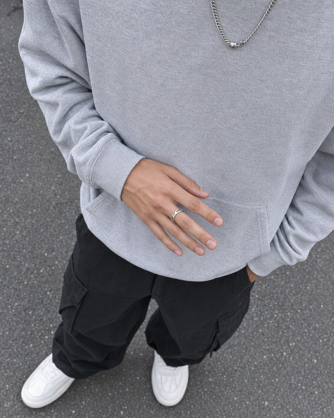 Silver Y2K Flame Ring worn streetwear with grey hoodie