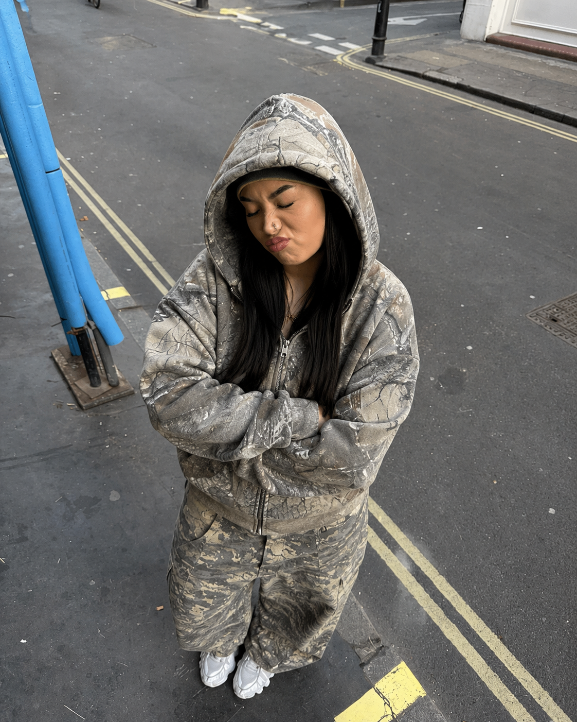 Forest camo zip up hoodie worn women streetwear Y2K