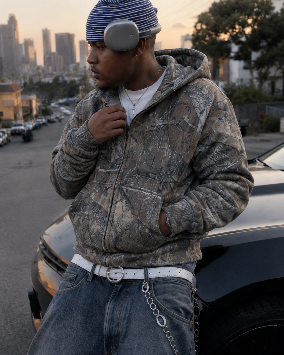 Y2K forest camo zip up hoodie zip and print detail