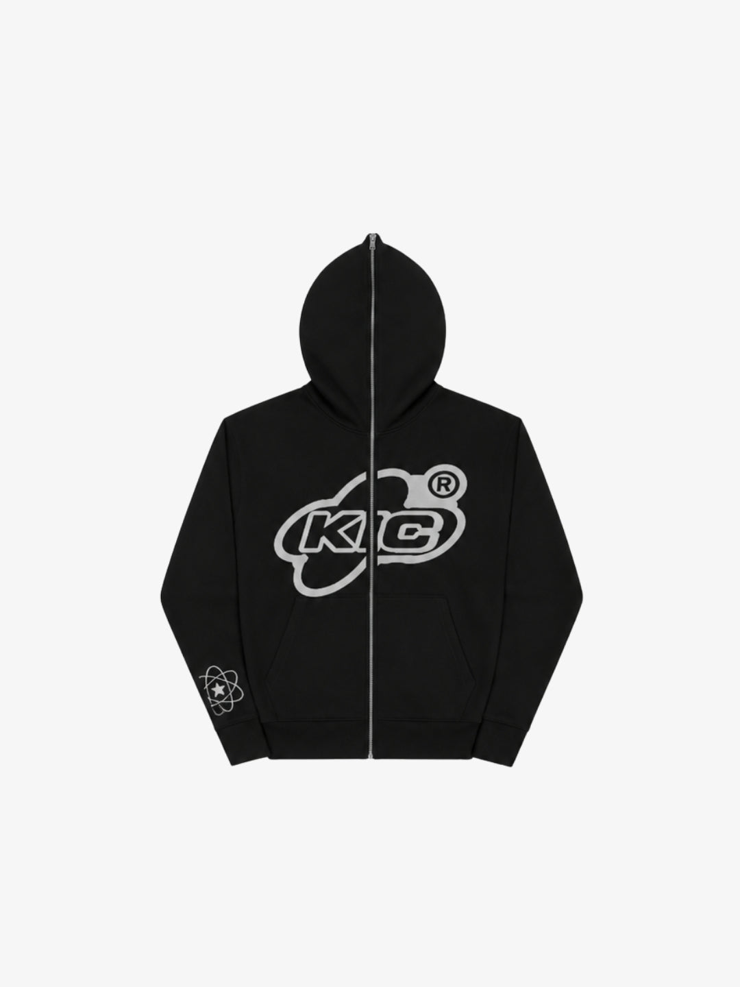 Black Y2K full zip hoodie front view with grey lettering