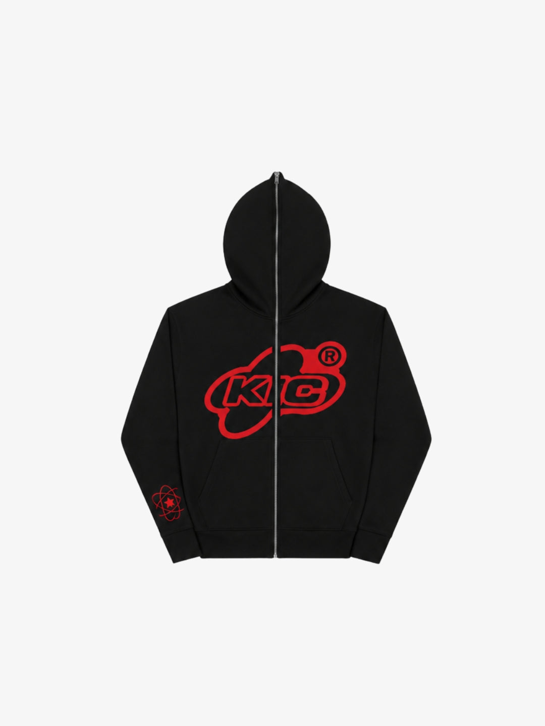 Black and red Y2K full zip hoodie front view with red lettering