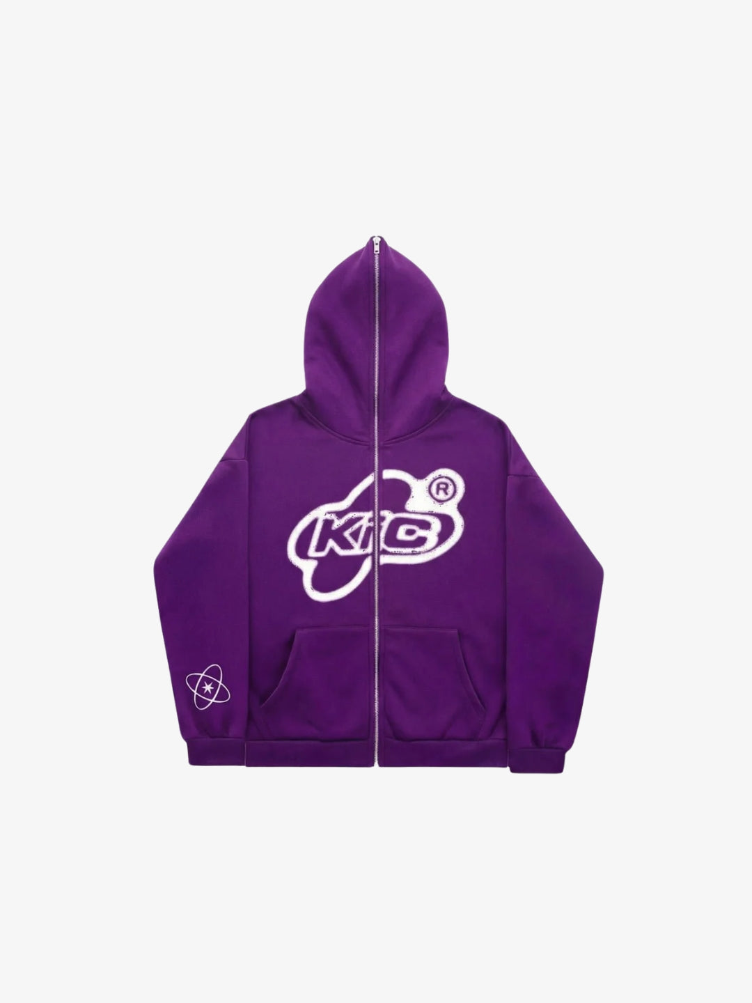 Purple Y2K full zip hoodie front view with white lettering