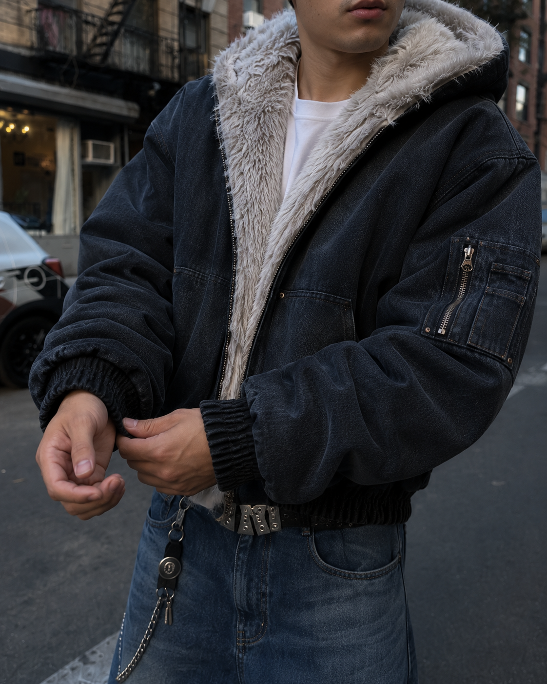 Black Fur-Lined Jacket detail of lining and zipped sleeve pocket