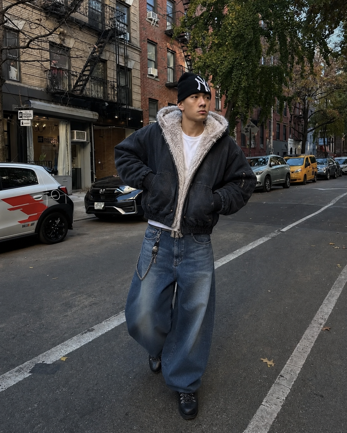 Black oversized Fur-Lined Jacket worn front view in the city
